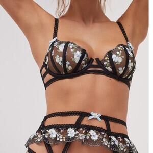 For Love and Lemons Black Floral Elektra Daisy Mesh Embroidered Bra S